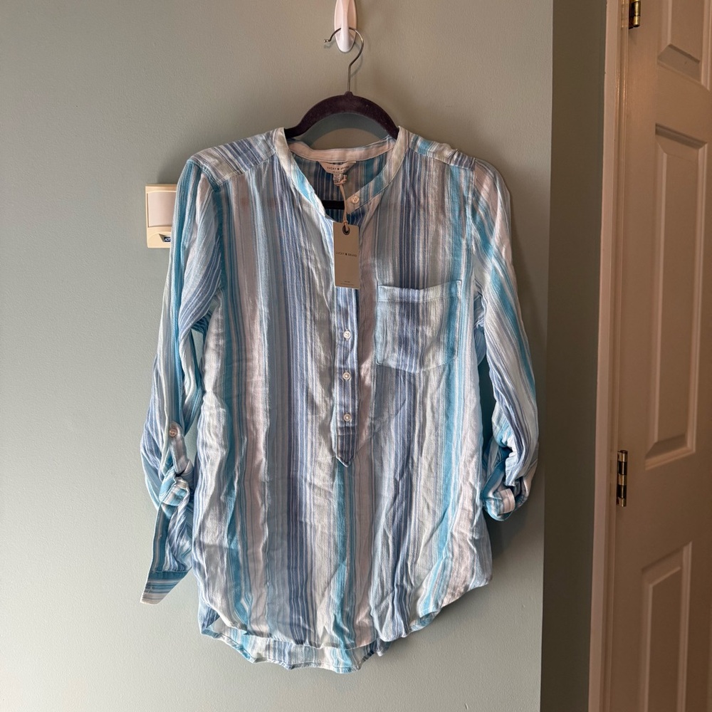 Lucky Brand Blue White Striped Button Blouse Small